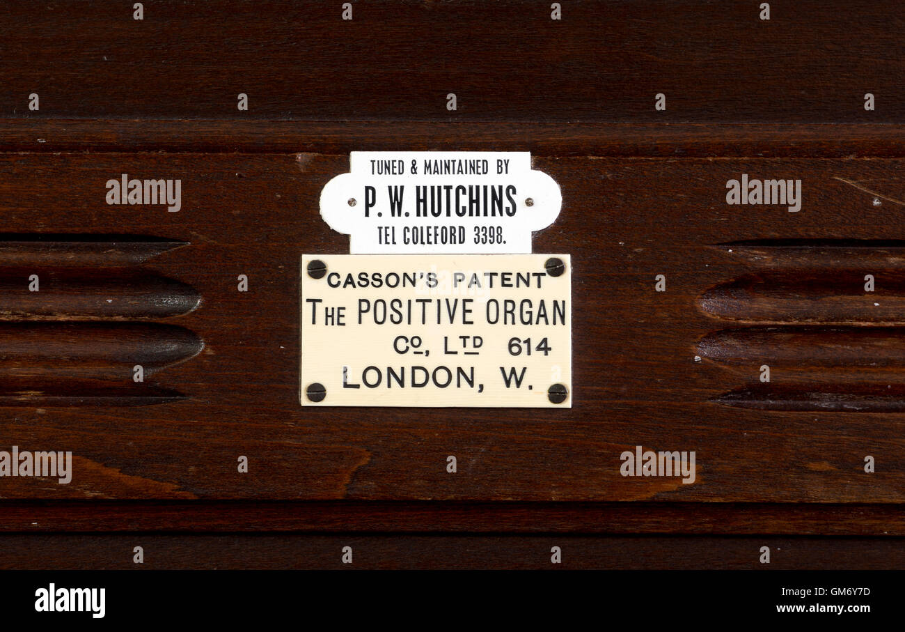 Plates on church organ, St. Andrew`s Church, Cleeve Prior, Worcestershire, England, UK Stock Photo